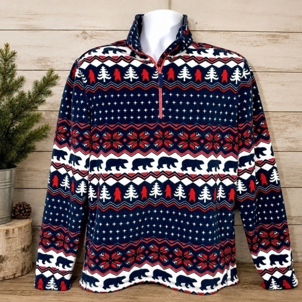 Chubbies Nordic Fair Isle Bear Fleece 1/4 Zip Pullover Sweater Mens Small Ski